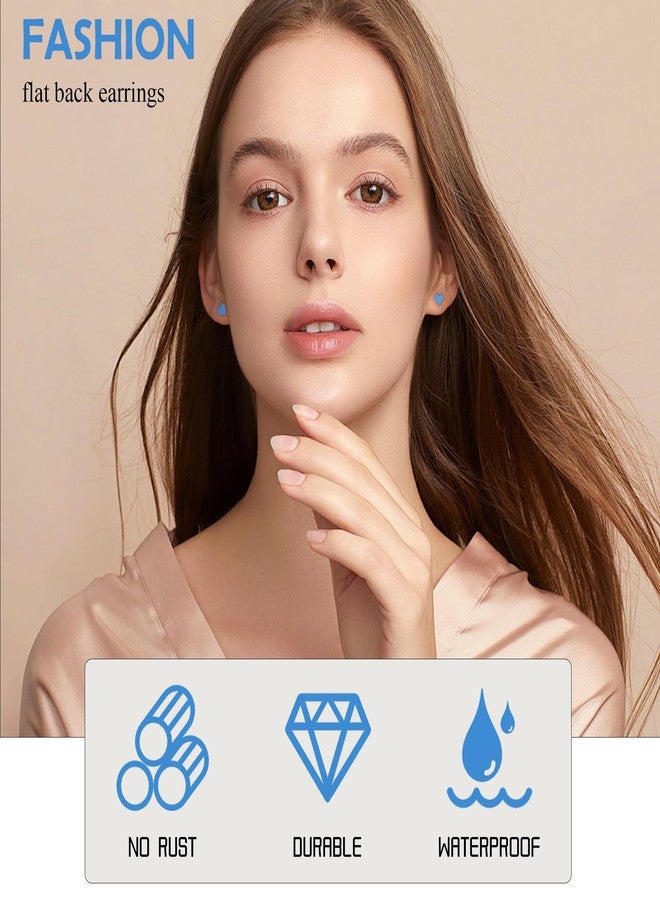 ZDE Women Flat Back Star Earrings Non-Nickel Heart Earrings Titanium Hypoallergenic Cartilage Earrings Stud for Sensitive Ears Simple Classic 5mm Flat Stud Earring (Heart-Blue) - Image 3